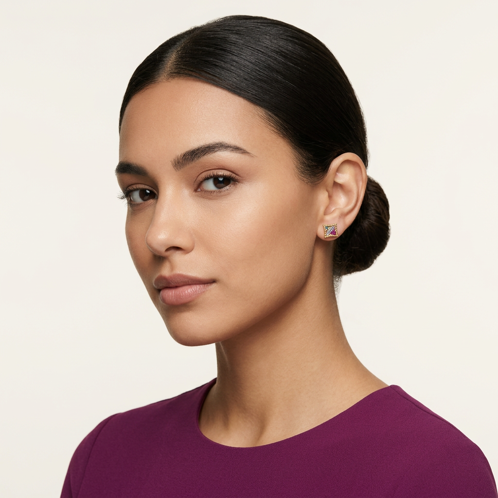 14K Gold Filled Textured Square Multi-Colored Stud Earrings