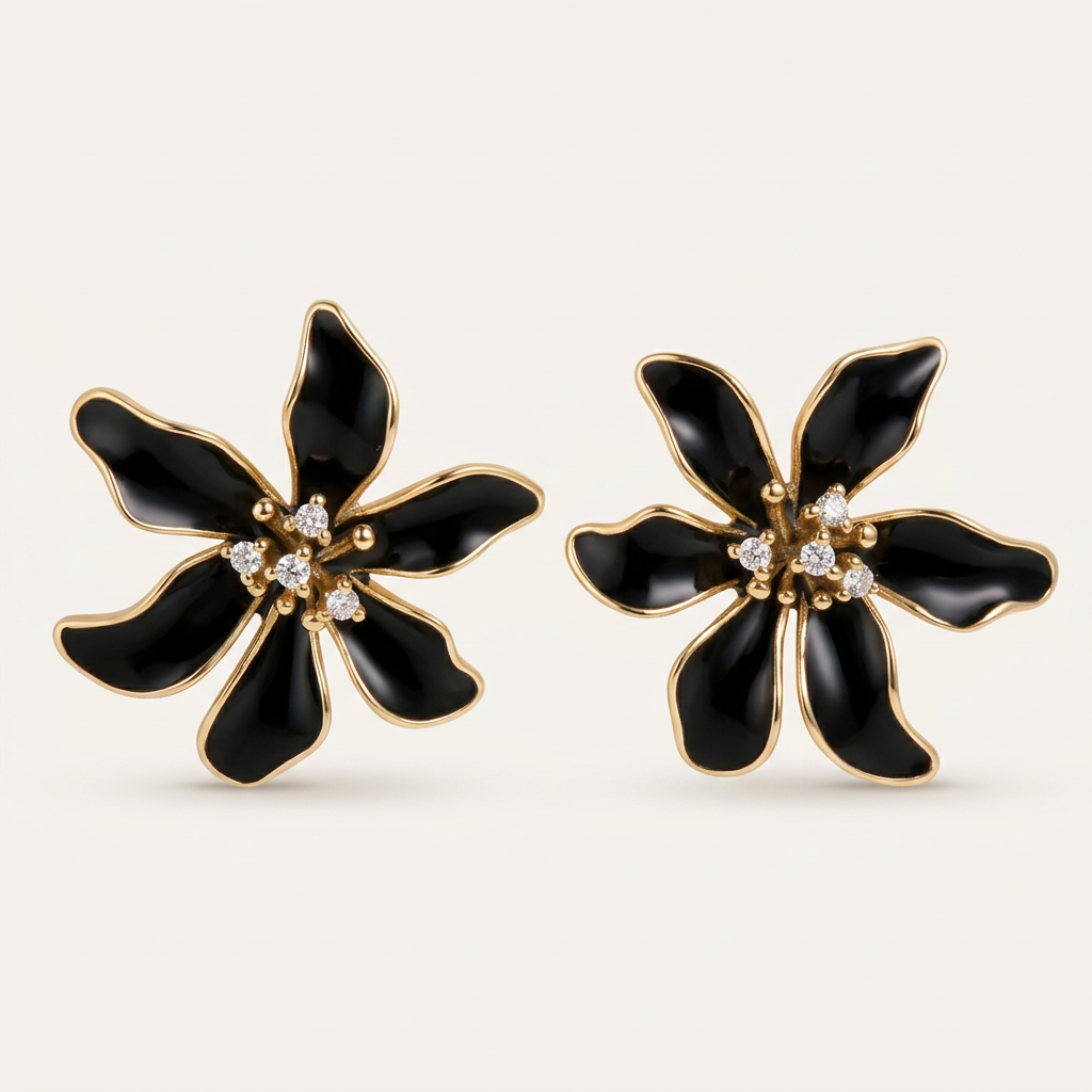 14K Gold Filled Black Enamel Flower Stud Earrings