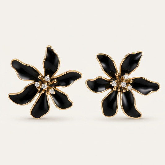 14K Gold Filled Black Enamel Flower Stud Earrings