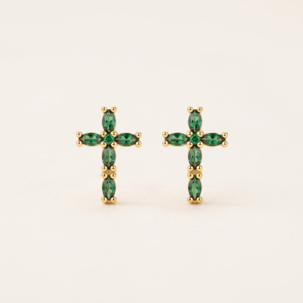 14K Gold Filled Green Marquise Cross Stud Earrings