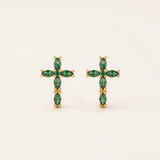14K Gold Filled Green Marquise Cross Stud Earrings