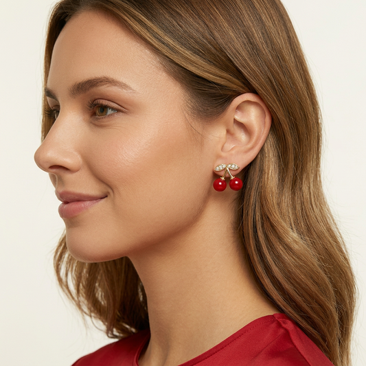 14K Gold Filled Dainty Cherry Stud Earrings w/ CZ Stone