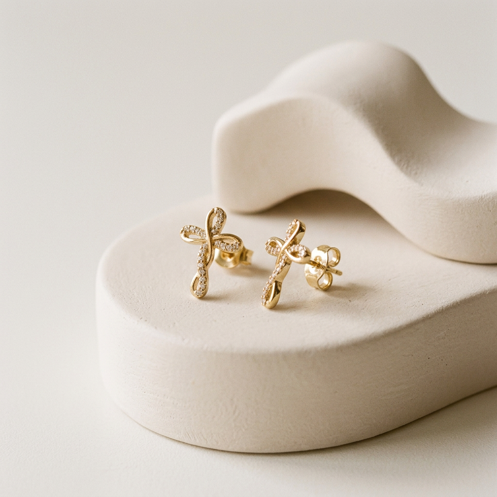 14K Gold Filled Infinity Cross Cubic Zirconia Stud Earrings