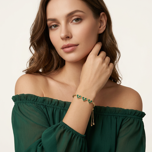 14K Gold Filled Heart Bolo Bracelet - Emerald