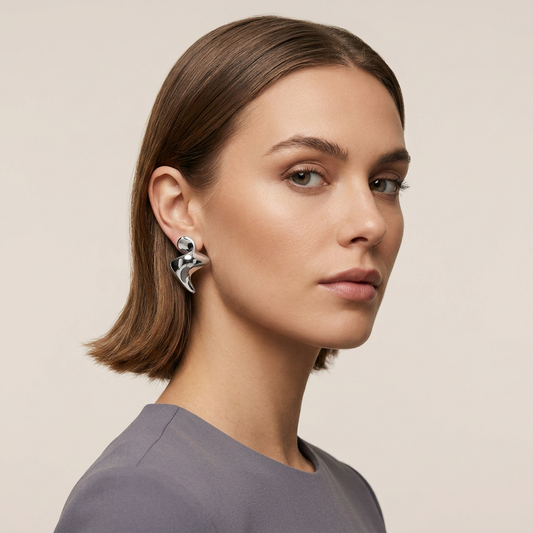 Rhodium Abstract Sculptural  Fluid Stud Earrings