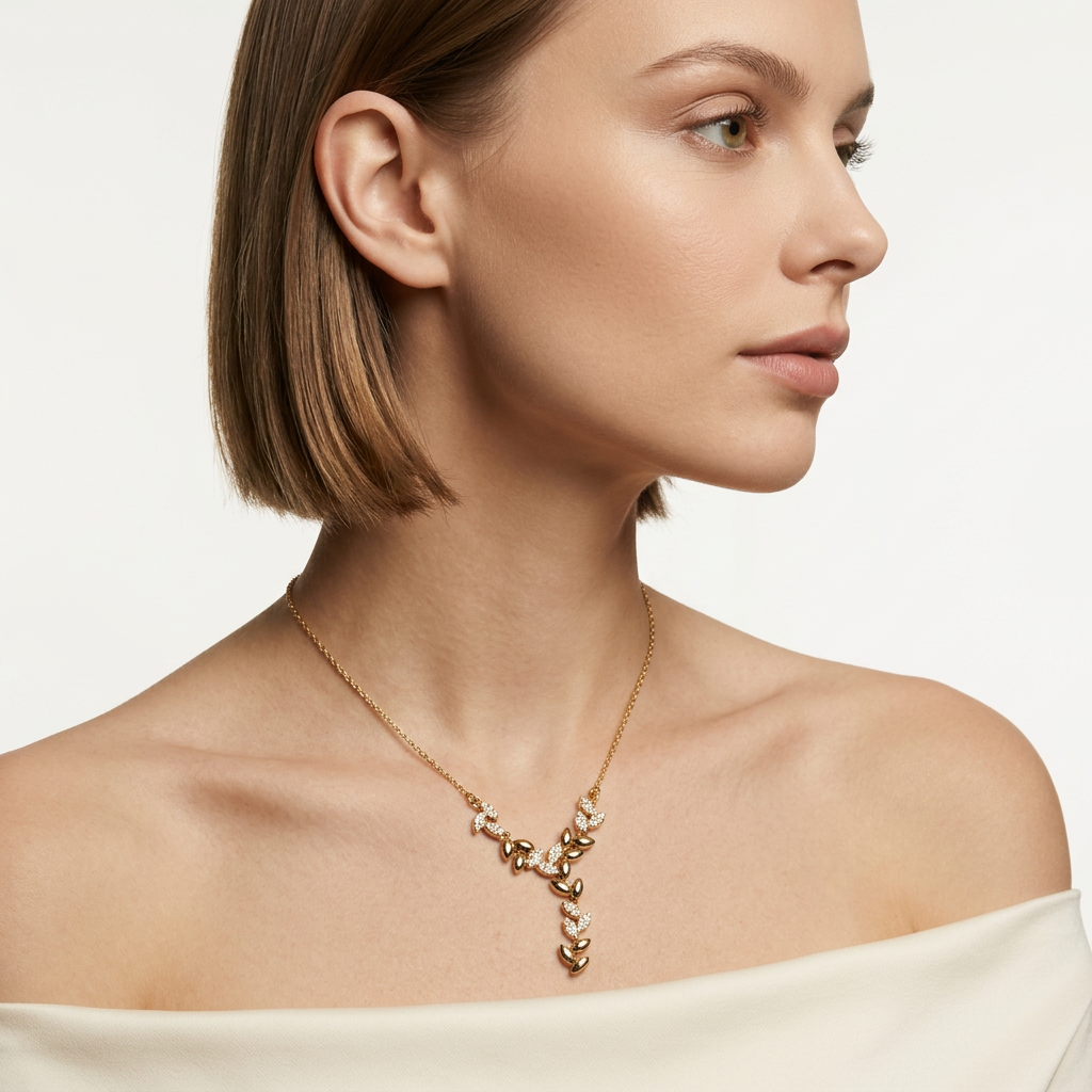 14K Gold Filled Cubic Zirconia Leaf Y-Necklace