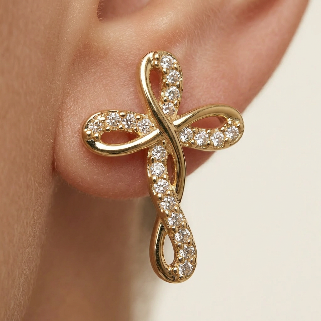 14K Gold Filled Infinity Cross Cubic Zirconia Stud Earrings