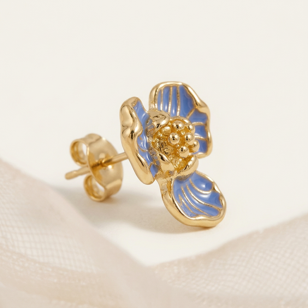 14K Gold Filled Enamel Floral Stud Earrings – Blue Petal_backup