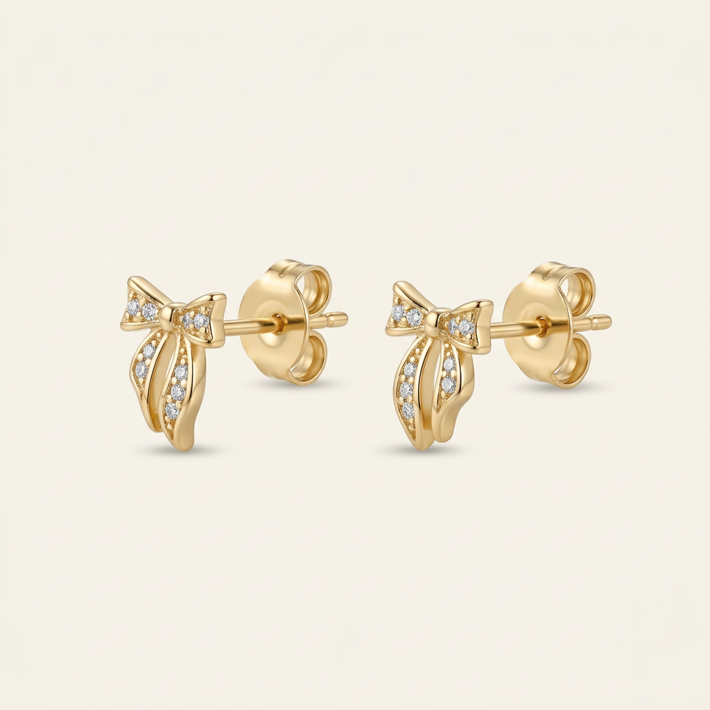 14K Gold Filled Bow Stud Earrings with Cubic Zirconia