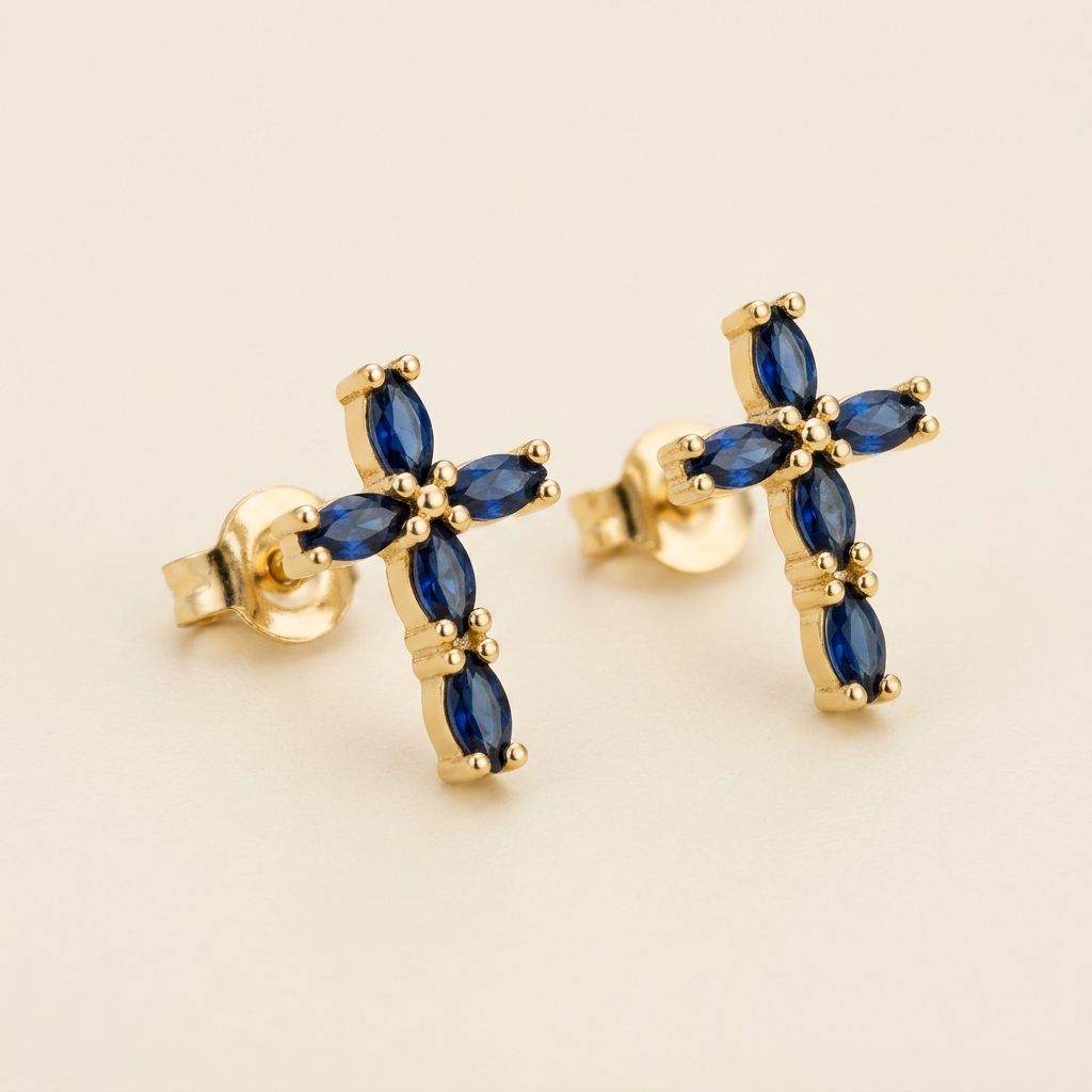 14K Gold Filled Blue Marquise Cross Stud Earrings