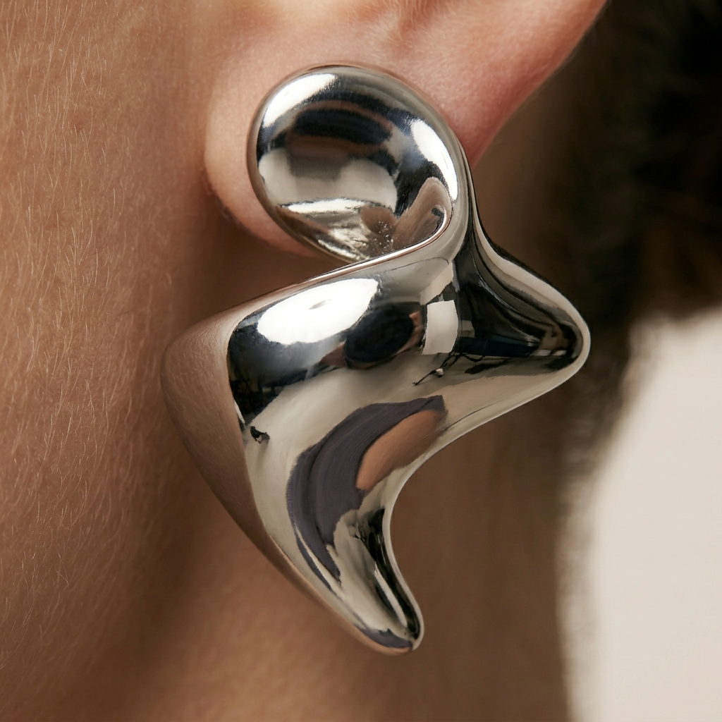 Rhodium Abstract Sculptural  Fluid Stud Earrings