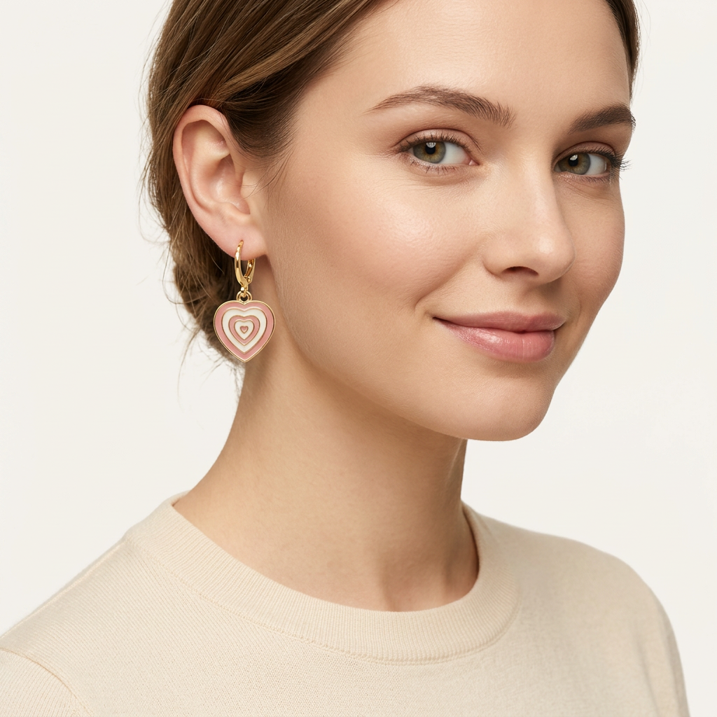 14K Gold Filled Pink and White Enamel Heart Dangle Earrings