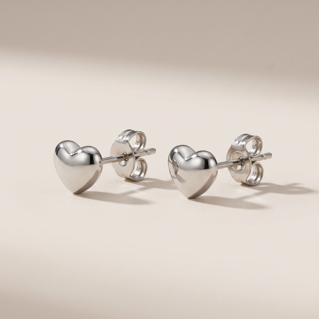 Rhodium Minimalist Heart Stud Earrings