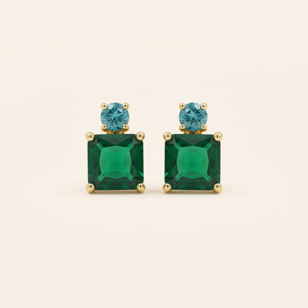 14K Gold Filled Emerald-Cut Green and Blue Stud Earrings