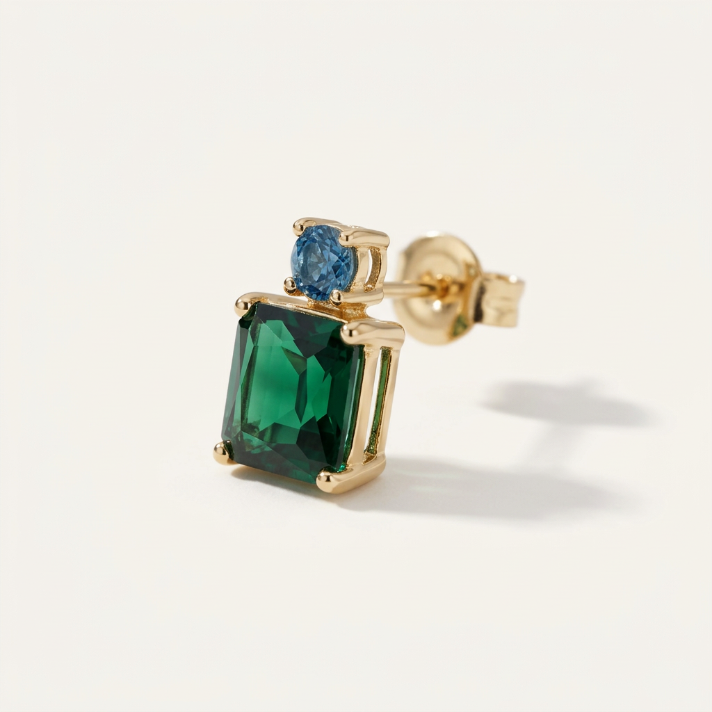 14K Gold Filled Emerald-Cut Green and Blue Stud Earrings