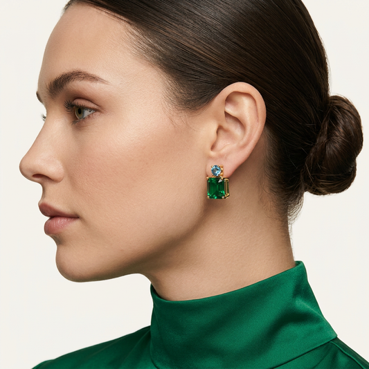 14K Gold Filled Emerald-Cut Green and Blue Stud Earrings