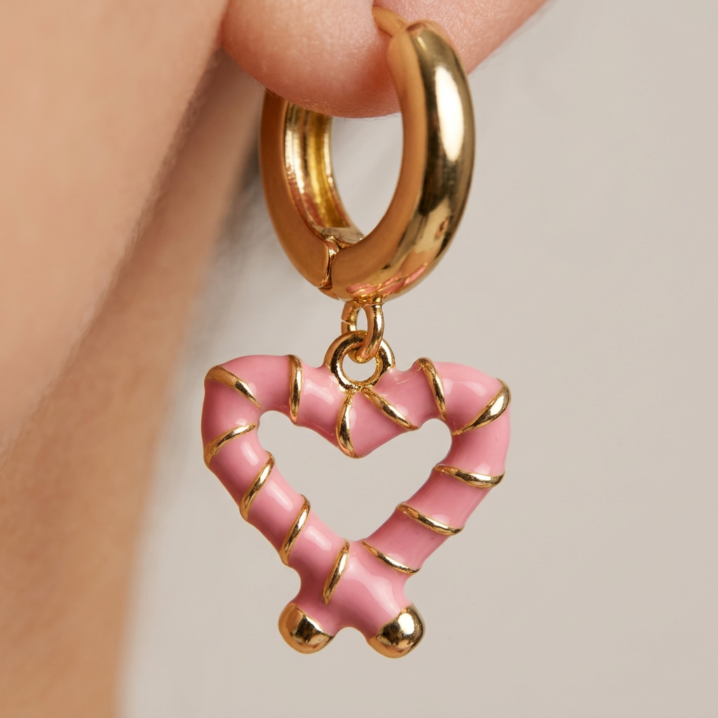 14K Gold Filled Pink Enamel Striped Heart Huggie Earrings
