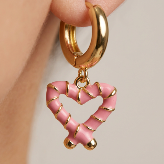 14K Gold Filled Pink Enamel Striped Heart Huggie Earrings