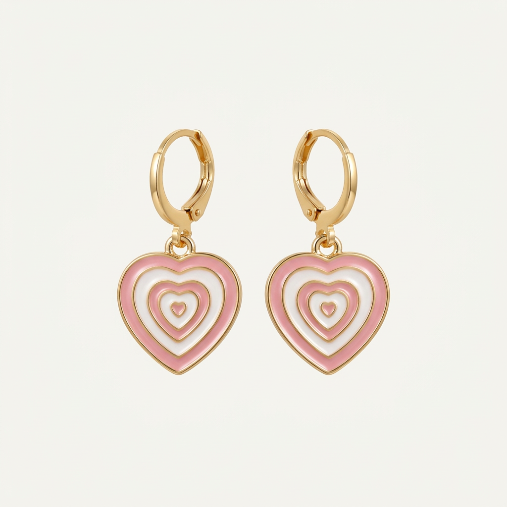 14K Gold Filled Pink and White Enamel Heart Dangle Earrings