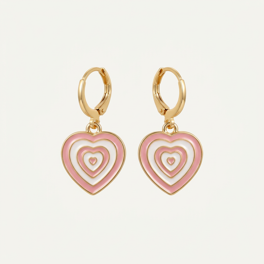 14K Gold Filled Pink and White Enamel Heart Dangle Earrings