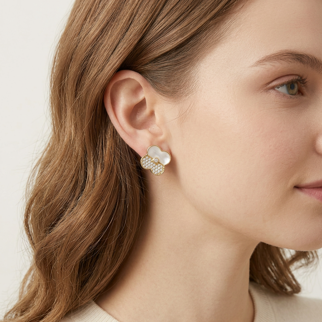14K Gold Filled White Enamel Clover Studs