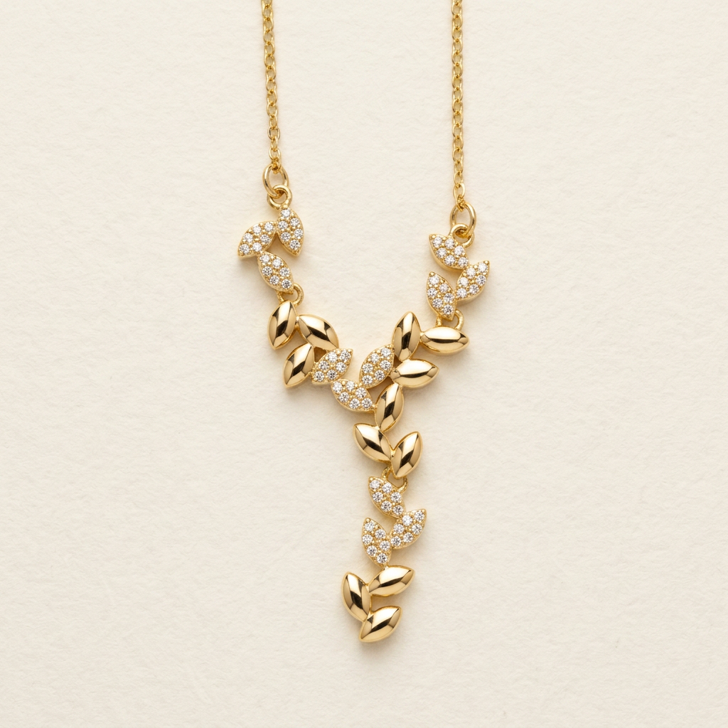 14K Gold Filled Cubic Zirconia Leaf Y-Necklace