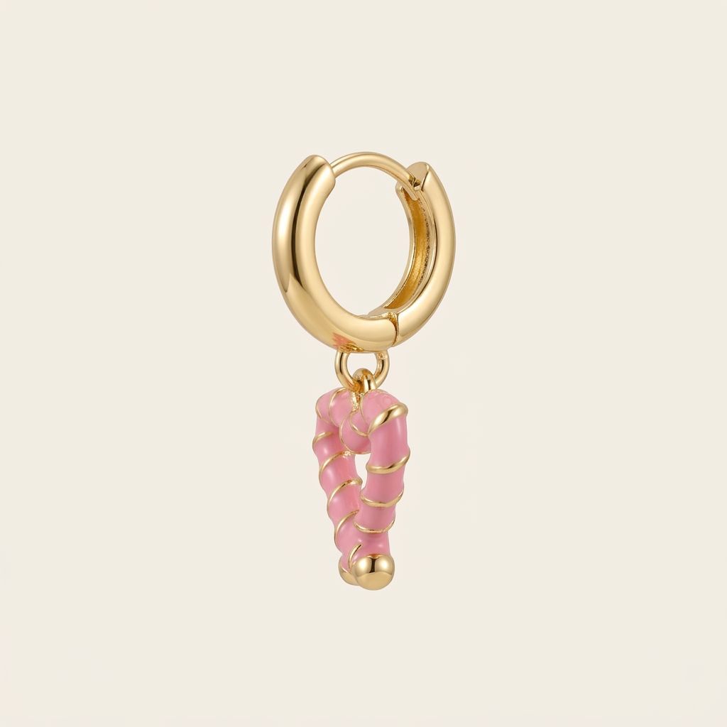 14K Gold Filled Pink Enamel Striped Heart Huggie Earrings