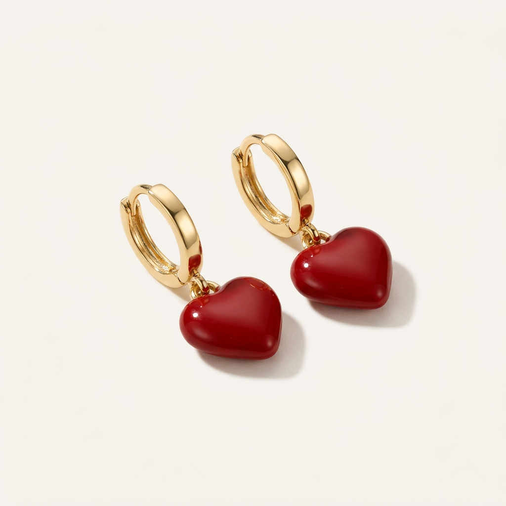 14K Gold Filled Red Enamel Heart Dangle Earrings