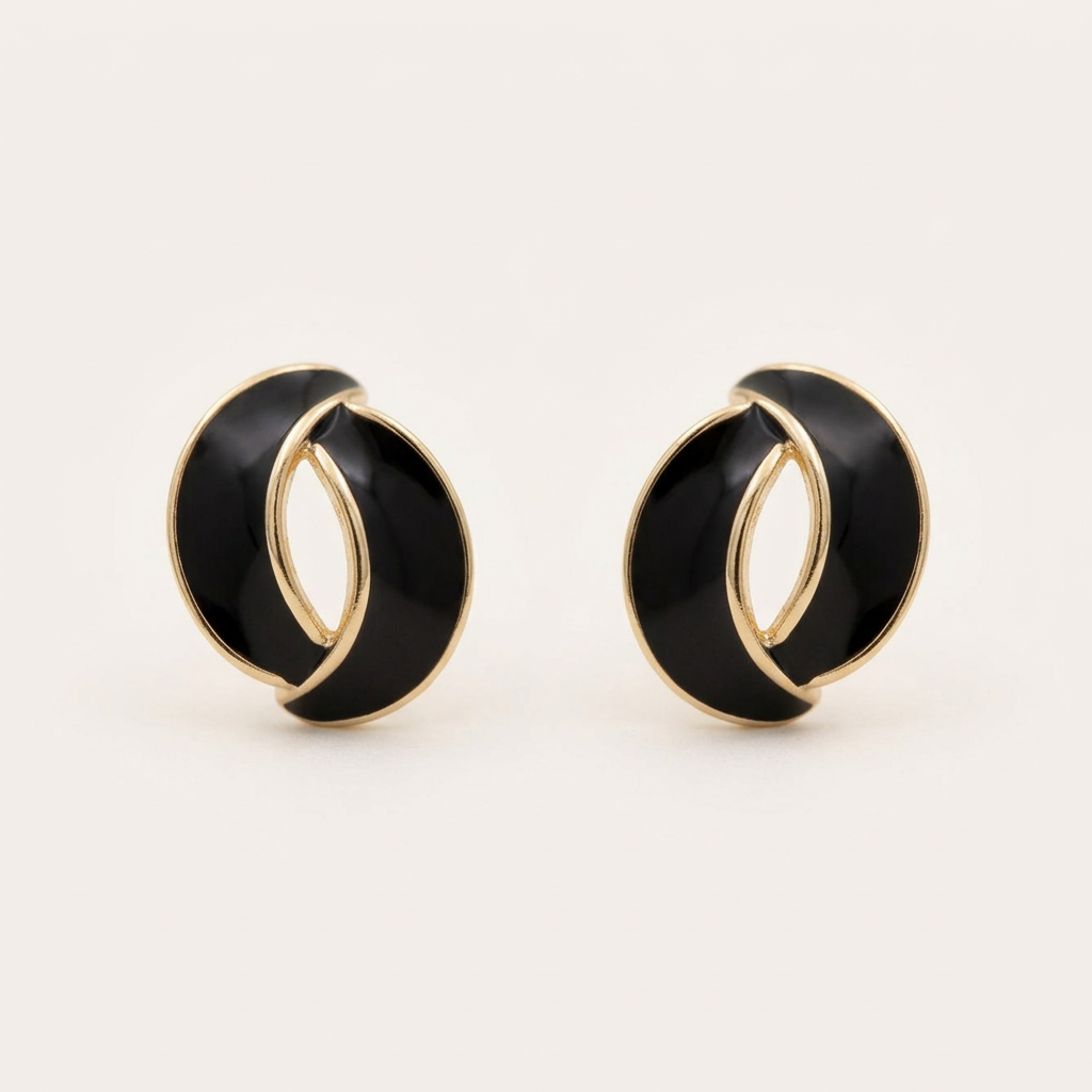 14K Gold Filled Aura Interlocking Black Enamel Stud Earrings