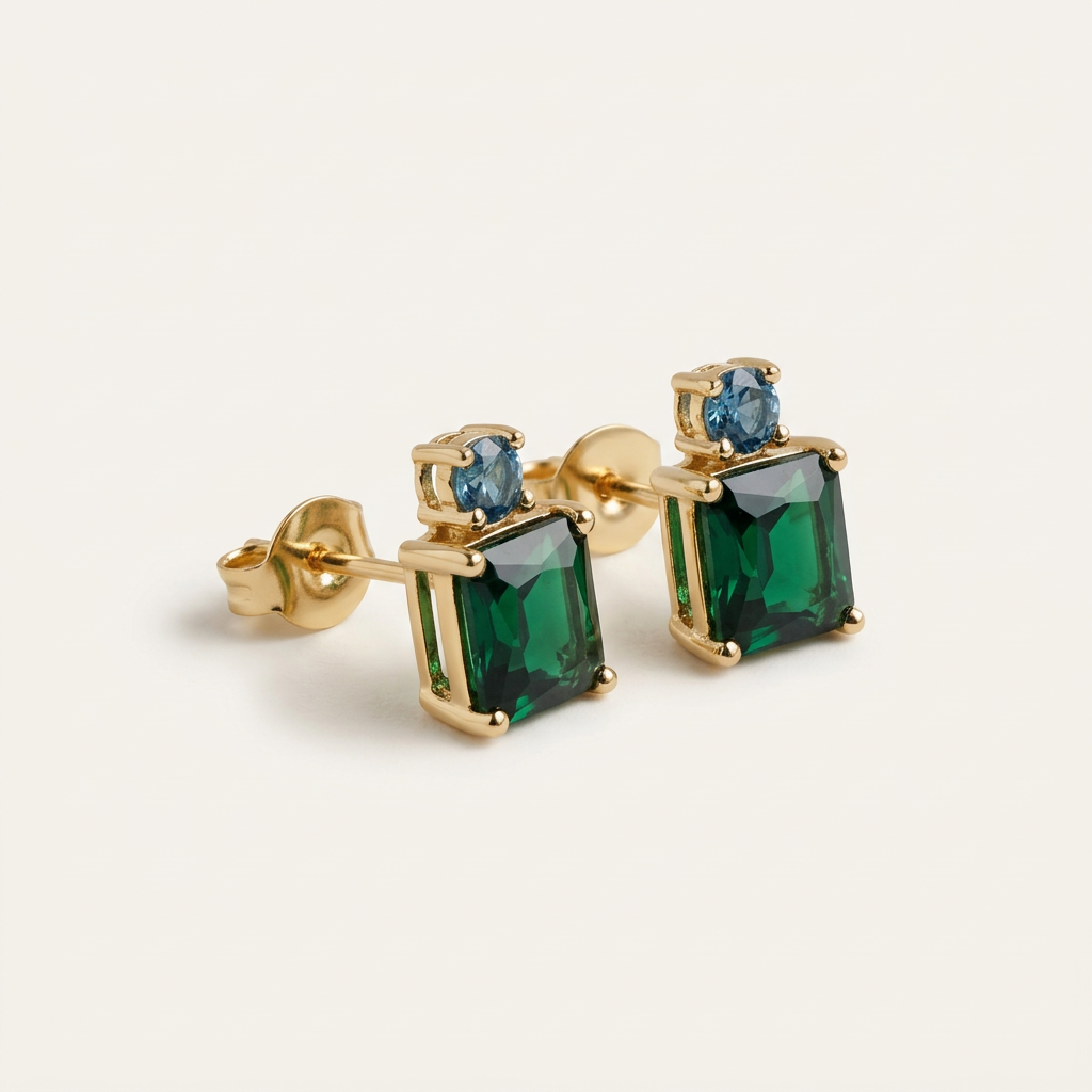 14K Gold Filled Emerald-Cut Green and Blue Stud Earrings
