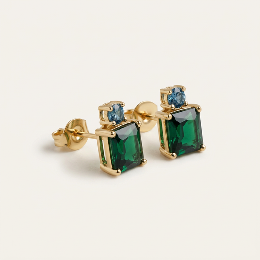 14K Gold Filled Emerald-Cut Green and Blue Stud Earrings