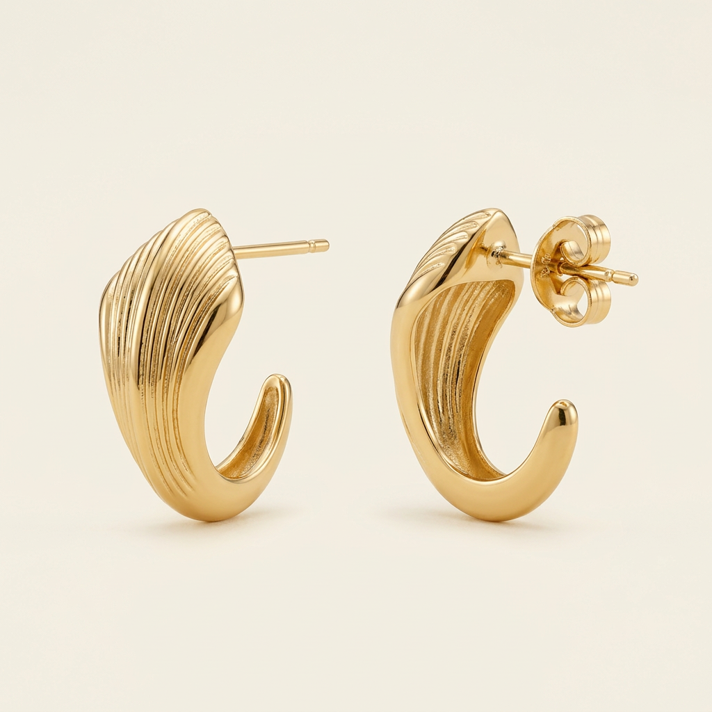 14K Gold Filled Ribbed Sculptural Curved Post Earrings
