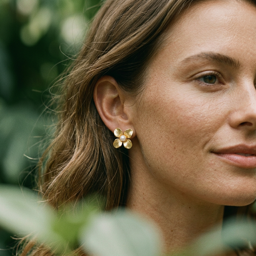 14K Gold Filled Textured Floral Pearl Stud Earrings