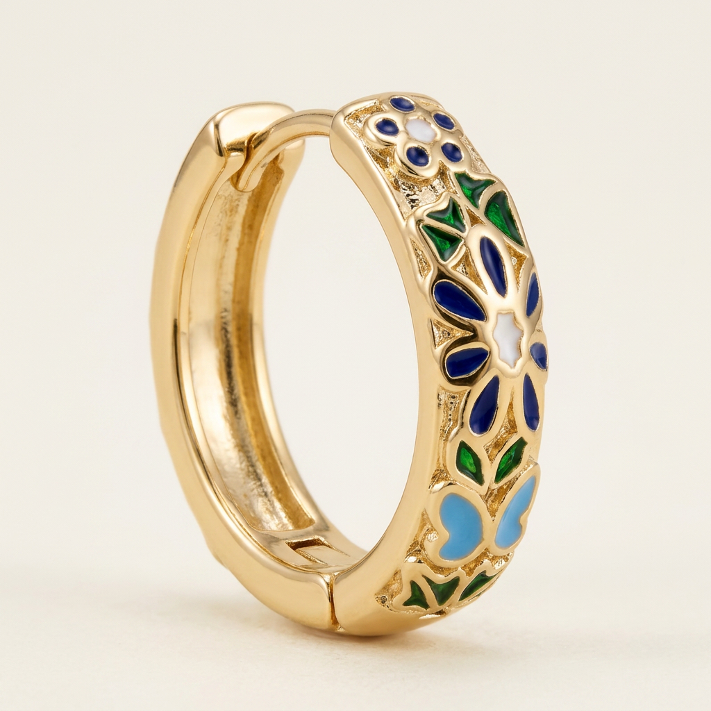 14K Gold Filled Floral Enamel Huggie Earrings