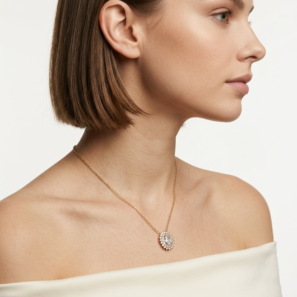 14K Gold Filled Oval CZ Halo Pendant Necklace