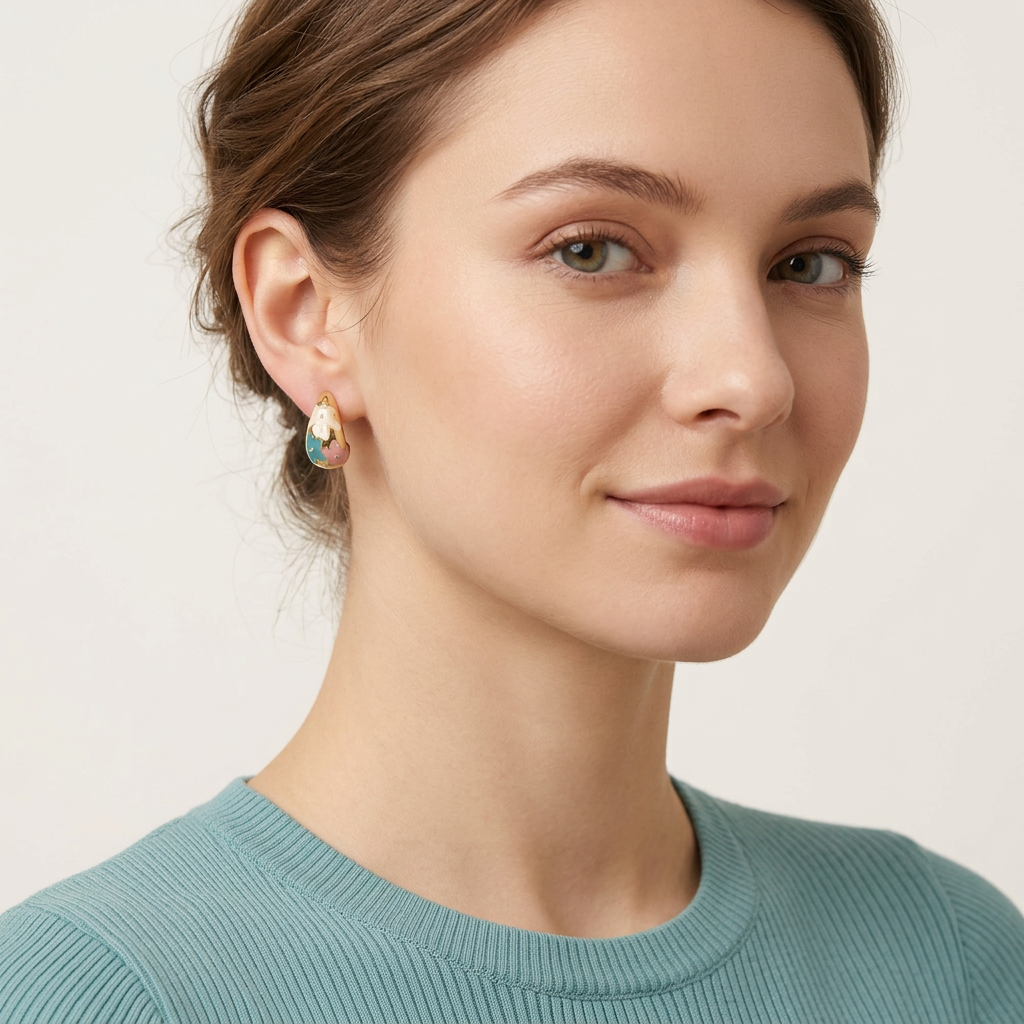 14K Gold Filled Enamel Floral Teardrop Stud Earrings - Teal