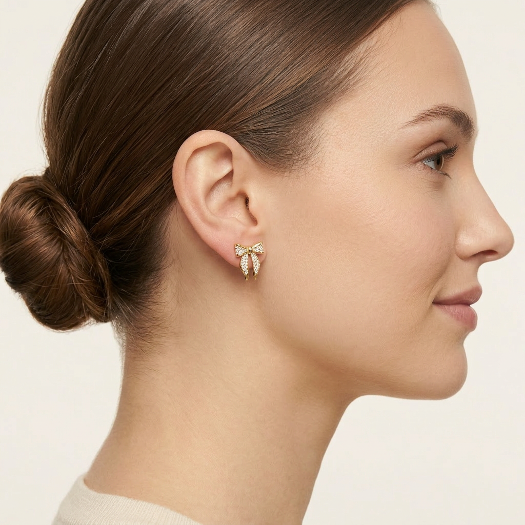 14K Gold Filled Bow Stud Earrings with Cubic Zirconia