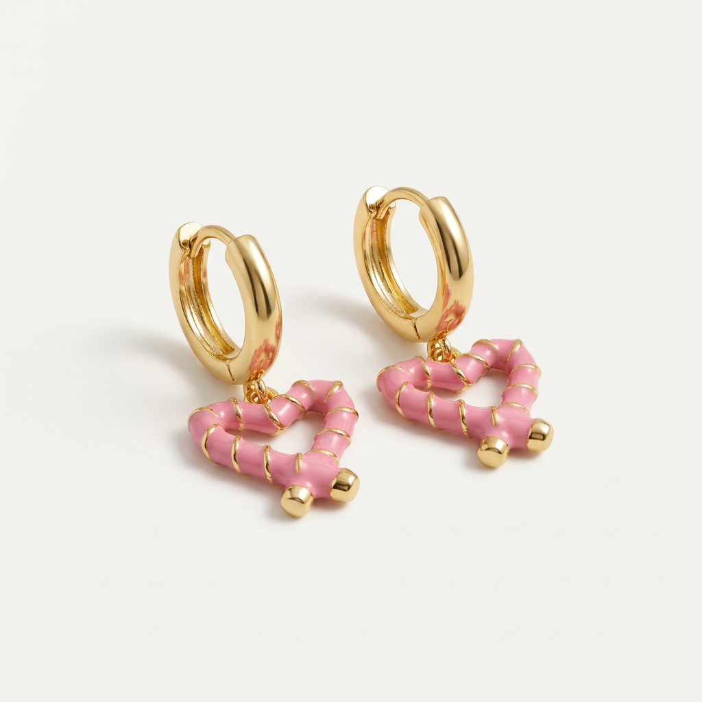 14K Gold Filled Pink Enamel Striped Heart Huggie Earrings