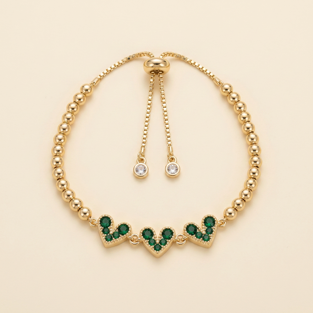 14K Gold Filled Heart Bolo Bracelet - Emerald