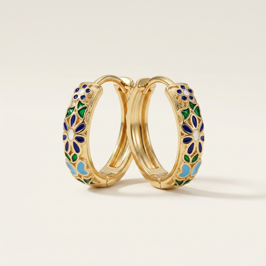14K Gold Filled Floral Enamel Huggie Earrings