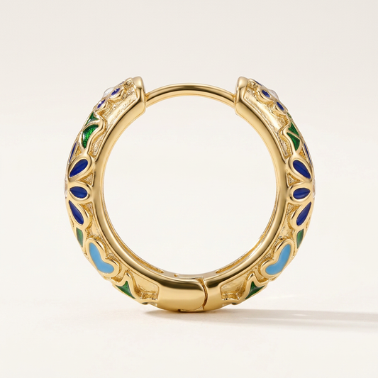 14K Gold Filled Floral Enamel Huggie Earrings