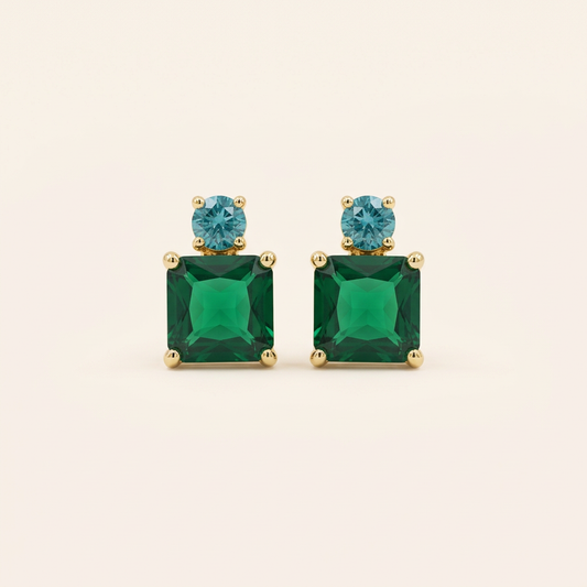 14K Gold Filled Emerald-Cut Green and Blue Stud Earrings