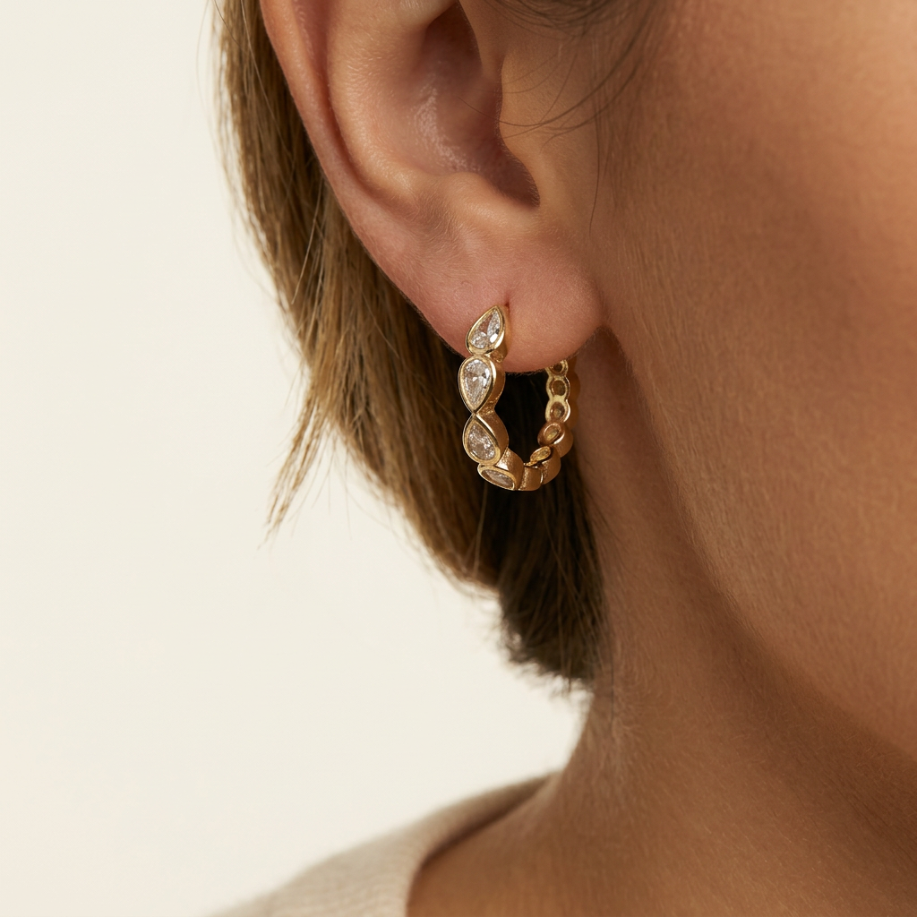 14K Gold Filled Pear Cubic Zirconia Huggie Earrings