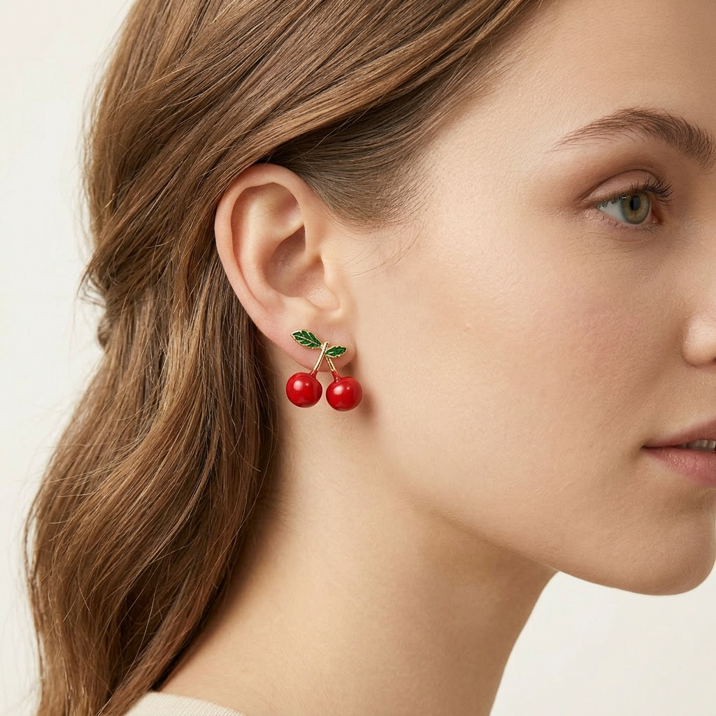 14K Gold Filled Cherry Stud Earrings with Enamel Leaves
