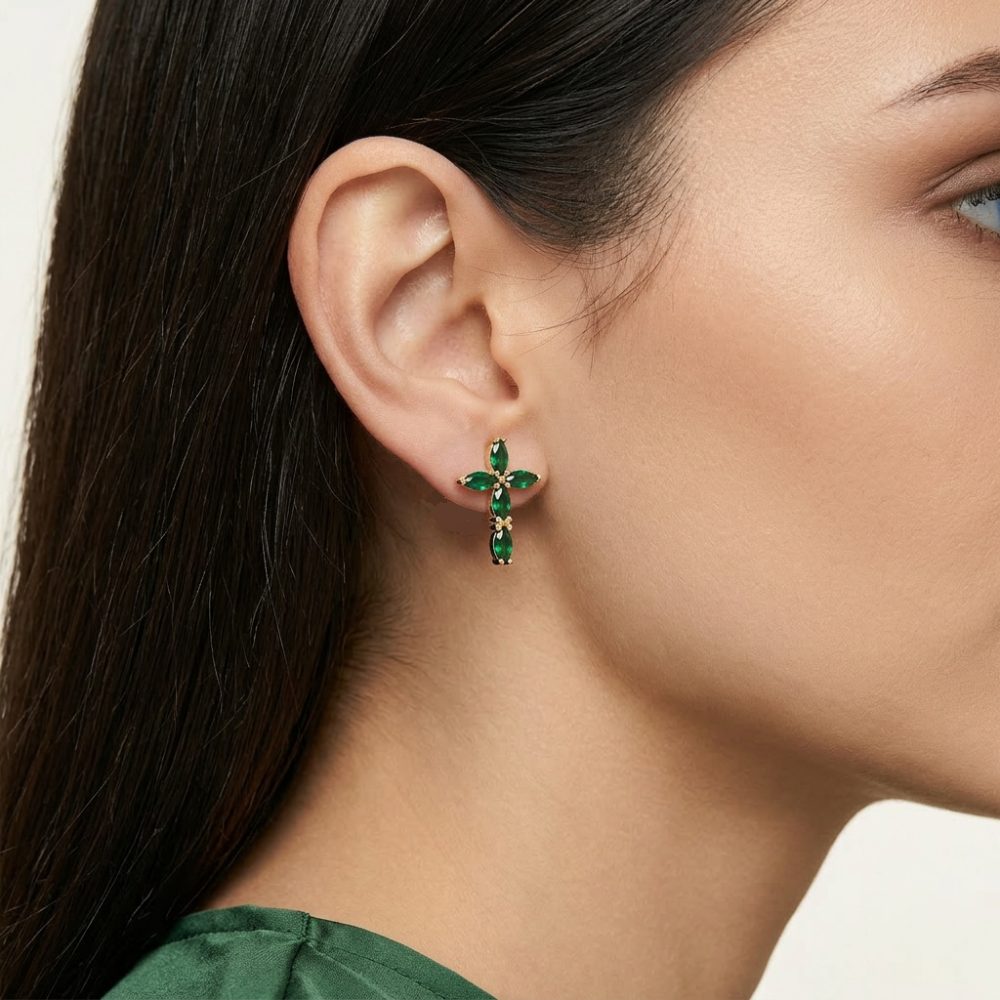 14K Gold Filled Green Marquise Cross Stud Earrings
