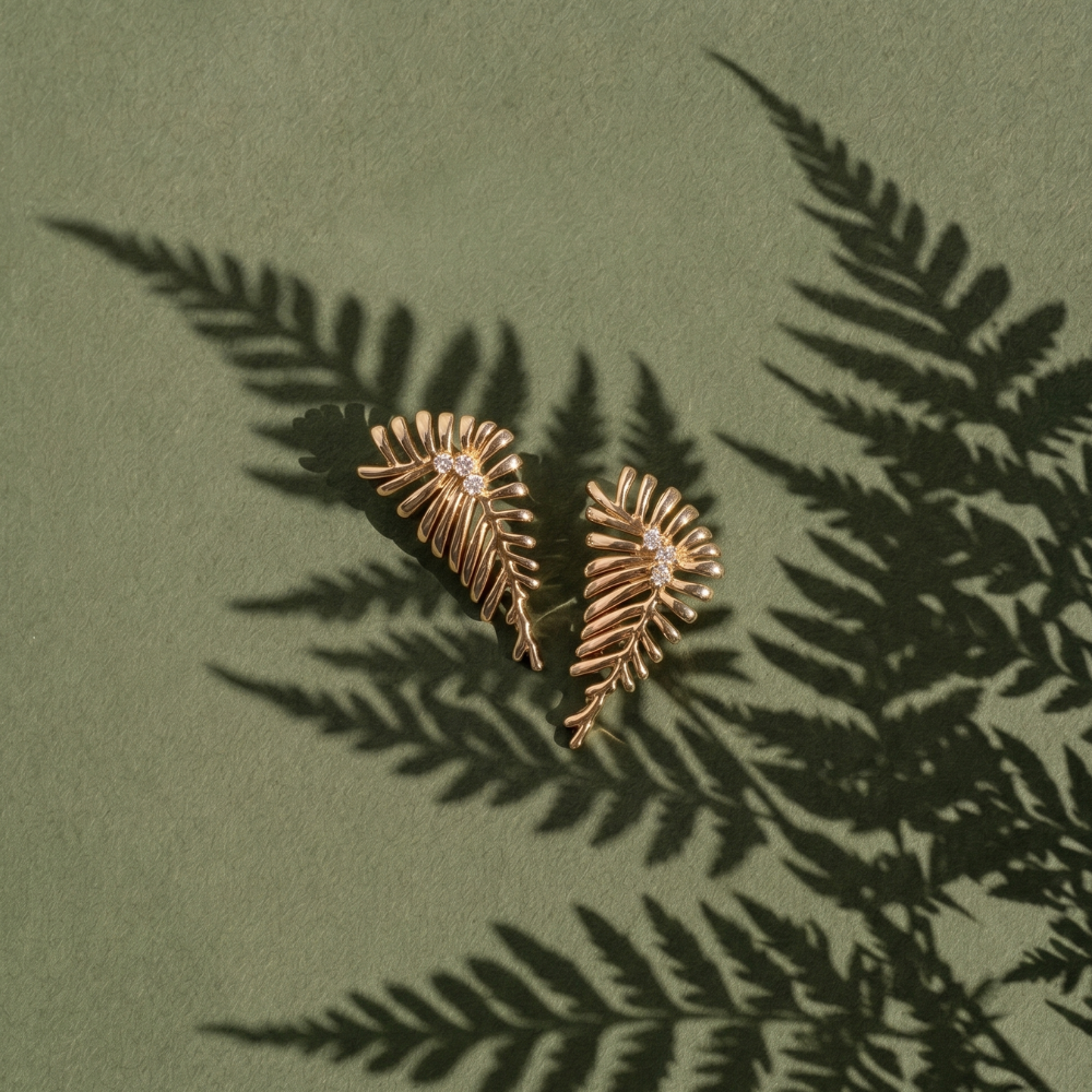14K Gold Filled Sculptural Fern Leaf Stud Earrings with CZ