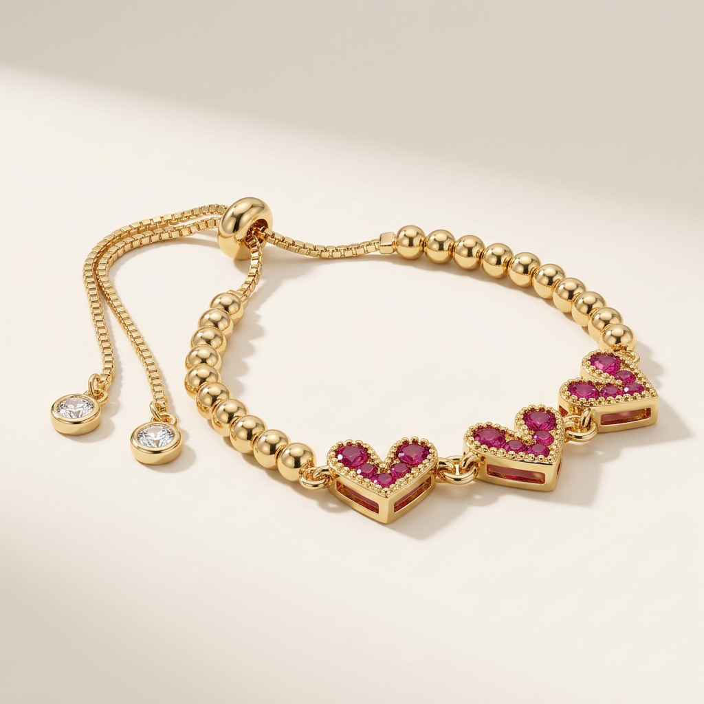 14K Gold Filled Heart Bolo Bracelet - Ruby Red