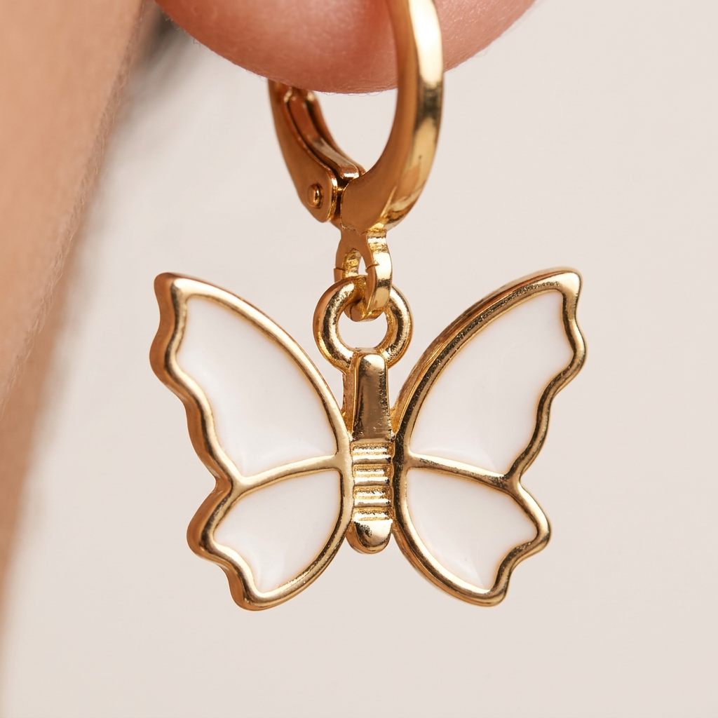 Gold Filled Enamel Butterfly Huggie Earrings