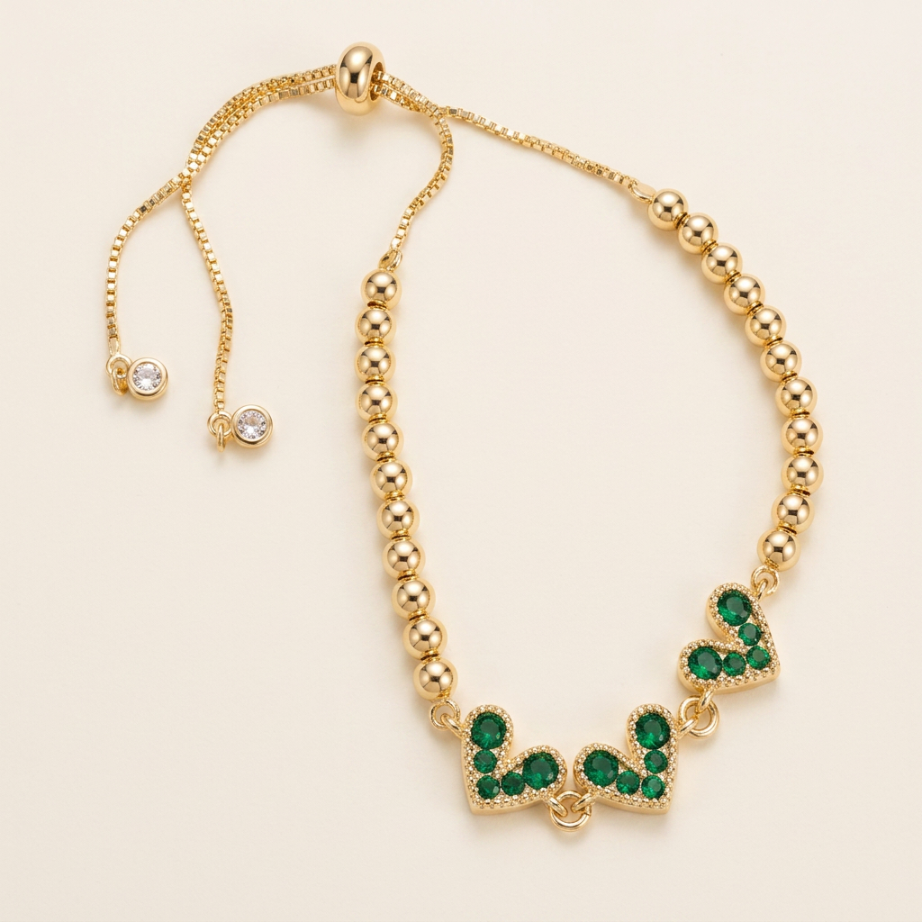 14K Gold Filled Heart Bolo Bracelet - Emerald