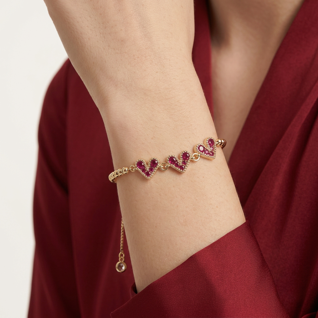 14K Gold Filled Heart Bolo Bracelet - Ruby Red